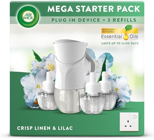 Air Wick Air Freshener Plug in Diffuser Starter Kit | Crisp Linen & Lilac | 1 Gadget & 3 Refills | Lasts up to 300 days | Infused with Essential Oils