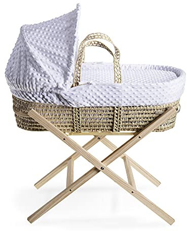 Clair de Lune Dimple Palm Moses Basket With Natural Folding Stand 75 x 28 cm (White)