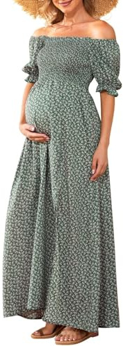 Floral Maternity Dress Square Neck Puff Sleeve Smocked Boho Photoshoot Baby Shower Pregnancy Dresses Green