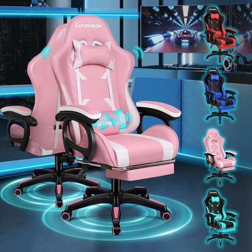 ELFORDSON Gaming Chair with 2-point Massage Lumbar Cushion, High Back PC Computer Game Chair, 150° Reclining Office Chair with Headrest & Footrest, 360° Swivel, Home Esports, PU Leather, Pink