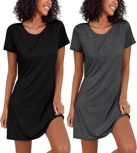 Ekouaer Chemise de Nuit Femme Manches Courtes 2pcs Robe de Nuit Col Rond Vêtements de Nuit Sexy, S-XXL