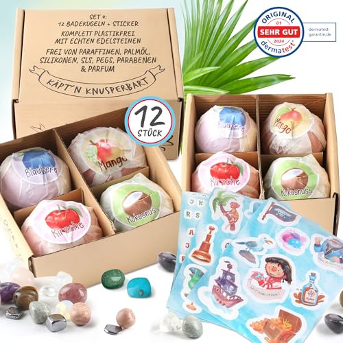 Käpt'n Knusperbart 12 Badekugeln mit Edelstein Überraschung + Aufkleber, Plastikfrei mit natürlichen Inhaltsstoffen, Frei von Parafinen, Palmöl, Silikonen, SLS, PEGs, Parabenene und Parfum