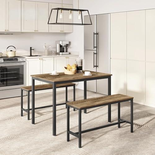 VASAGLE Dining Table with 2 Benches, 3 Piece Set, Kitchen Table of 70 x 110 x 75 cm, 2 Benches of 30 x 97 x 50 cm Each, Steel Frame, Honey Brown and Ink Black KDT070B41