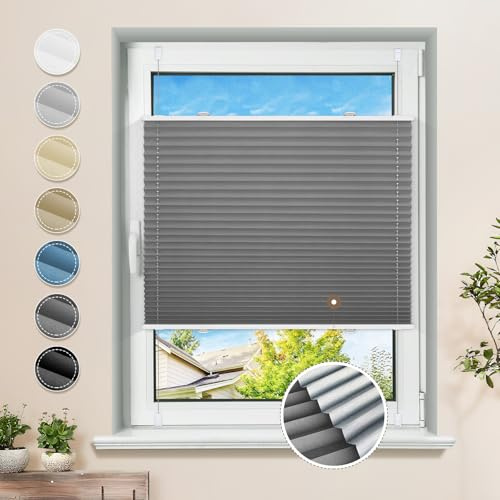 Plissee ohne Bohren Verdunkelung Klemmfix Grau 80x150cm Thermo Plissees 100% Verdunklung Rollos für Fenster & Tür Verdunklungsplissee ohne Bohren Sichtschutz und Sonnenschutz