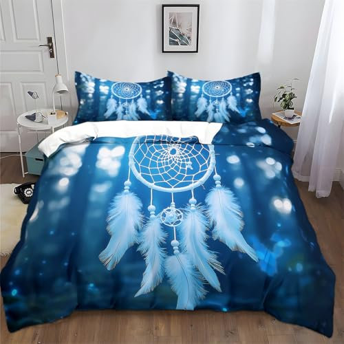Generisch Bettwäsche-Set Traumfänger mit Federn Bedruckte Blau Bettdeckenbezug Mit Reißverschluss, dreiteiliger Mit Kissenbezug Bettbezug Set Microfaser 135 x 200 cm