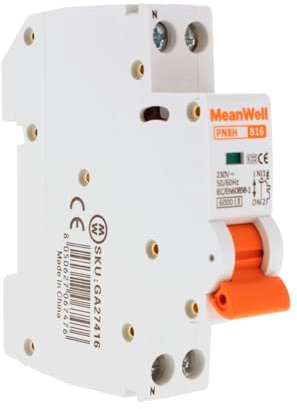 MeanWell Leitungsschutzschalter Kurve B, 2P 1M 6kA, MCB 1P+N B16 16A, Slim Belegt nur 1 DIN-Modul
