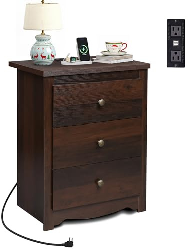 WLIVE Tall Nightstand with Charging Station, Wood Night Stand with 3 Drawers Storage, Bedside Table End Side Tables with 2 USB Ports and Outlets for Bedroom, Closet, Espresso