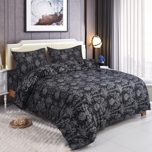 4 Piece Printed Bedding Set Duvet Cover, Deep Fitted Sheet & 2 Pillowcases Single, Double, King, Super King Sizes Soft Microfiber, Wrinkle-Resistant, Easy Care (King (U.K. Standard), Vintage Black)