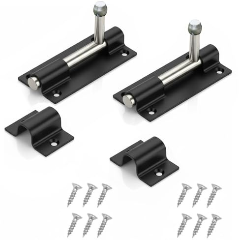Paquete de 2 pernos de puerta resistentes de 4 pulgadas, cerradura deslizante de acero recubierto de negro, resistente a la intemperie, fácil de instalar con tornillos, pestillo para interiores y