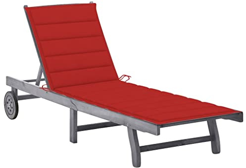 QZZCED Lettino da giardino in legno massello di acacia con cuscino, schienale regolabile e 2 ruote per piscina, balcone o patio, sedia da esterno robusta e stabile per relax,
