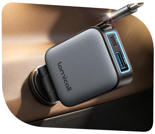 Lamicall 3-IN-1 Caricatore Auto Ricarica Rapida - [75% Più Piccolo]63W Accendisigari USB, 12/24V Adattatore Accendisigari con Cavo Retrattile Type-C & Porta USB-C/A, 180° Pieghevole per iPhone/Samsung