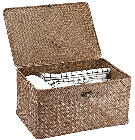 Hipiwe Wicker Shelf Baskets Bin with Lid, Handwoven Seagrass Basket Storage Bins Rectangular Household Basket Boxes for Shelf Wardrobe Home Organizer, Coffee Large