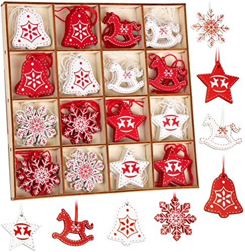 BRUBAKER Juego de Colgantes Navideños de 48 Piezas - Adornos para el árbol Rojo Blanco de Madera - Caballos Mecedores Estrellas Campanas - Colgantes de Madera para el árbol de Navidad