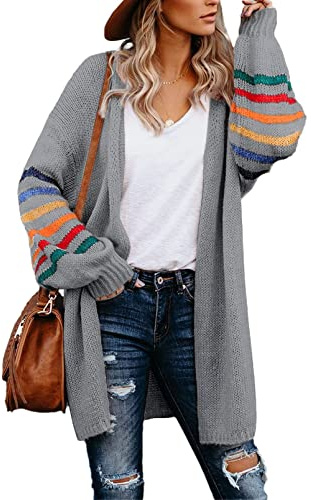 AlvaQ Women's Cardigans Long Sleeve Open Front Oversized Ladies Cardigan | Long Cardigans for Women UK,Womens Cardigan Kimono,Rainbow Striped Color Block Outwear,Knitting Jacket,Loose Fit Sweaters