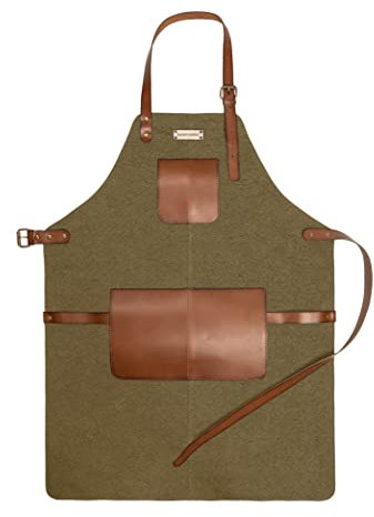 DRAKENSBERG Tablier de barbecue 'Bob' - Tablier de cuisine professionnel en toile et cuir pour BBQ, pour gastro, bar, barista, cadeau pour hommes, fait main durable, rétro-vintage, vert olive, DR00233