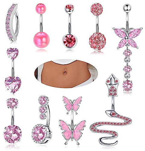 YADOCA 10Pcs 14G Bauchnabelpiercing für Damen Chirurgenstahl Rosa Bauch Piercing CZ Schmetterling Schlange Clicker Nabel Ringe Körper Piercing Schmuck