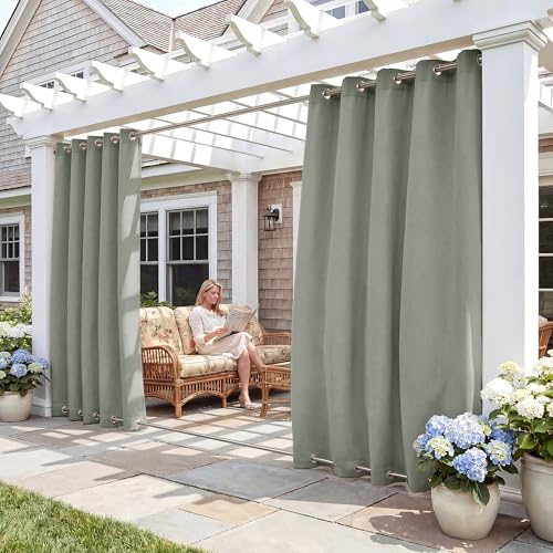 RYB HOME Outdoor Curtains 2 Panels, Waterproof Windproof Blackout Curtains for Patio Porch Garage Gazebo Universal Replacement Sidewall Curtains, Sea Green, W 52 x L 96 per Panel