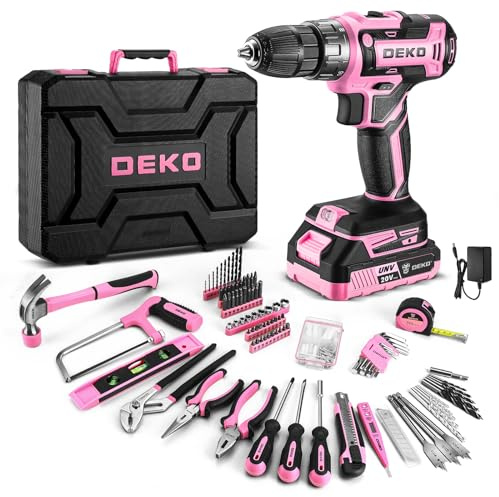 Pink Power Drill Tool Kit Set: 20V Cordless Electric Drill, Driver, Tool Box with Battery