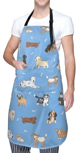 Perinsto Dogs Blue Waterproof Apron With 2 Pockets Kitchen Chef Aprons Bibs For Cooking Baking Painting Gardening Grooming