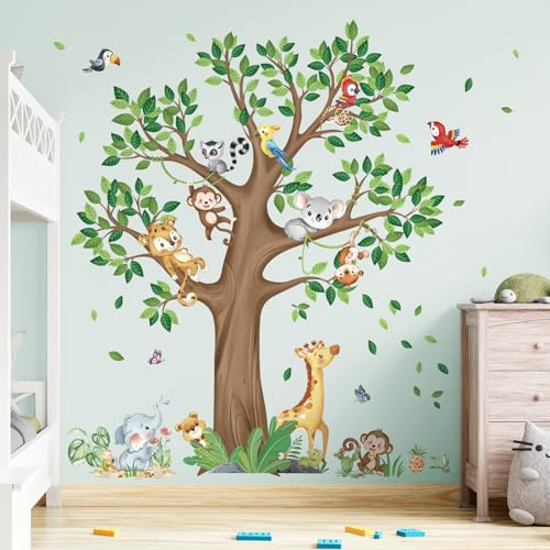 decalmile Adesivi Murali Bambini Albero Grande Animali della Giungla Adesivi da Parete Safari Giraffa Scimmia Decorazione Murale Asilo Nido Bambini Camera da Letto