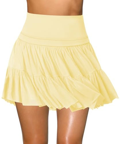 Hragc Women's Mini Yellow Skirt Skort Flowy Pleated High Waisted Ruffle Large Tennis Skirts for Women Athletic Skater Golf with Shorts Pockets