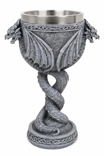 JRose Collections Gothic Dragon Goblet Chalice with Twin Dragon Design – Medieval Stone Effect Resin with Stainless Steel Inner Cup – Fantasy Home Bar Décor, Collectible Ornament, Drinking Cup