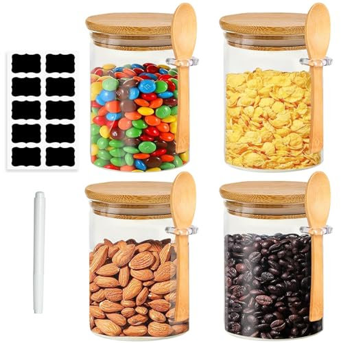 Kezidhp Lot de 4 Bocaux en Verre Hermétiques 540 ml avec Couvercle - Bocaux de Rangement pour Café, Thé, Sucre, Épices, Céréales - Idéal pour Overnight Oats et Conservation Aliments