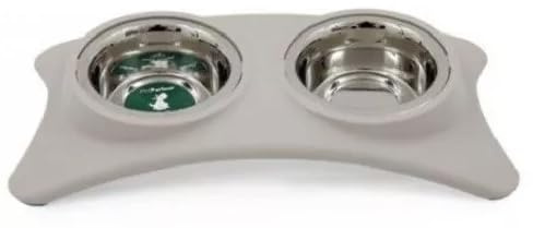 Maria's Selection Dog Bowls Non Slip, Stainless Steel Double Bowls Set, Tray for Cats Puppies Small Dogs Water Food Feeding (14oz Each Bow Grey/Beige) (Beige)