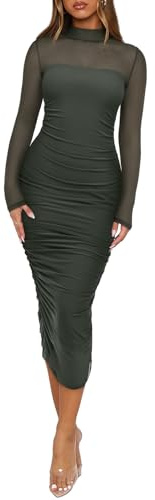 REORIA Women's Fall Mesh Sheer Long Sleeve Midi Ruched Bodycon Dress Sexy Slim Mock Neck Elegant Club Evening Party Cocktail Dresses Thyme Large