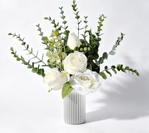 MuxyFloral Floral Arrangement with Artificial Flowers in Vase–Silk Fake Flowers Table Centerpieces for Home Decor-Shatterproof Vase with Artificial Flowers, Modern Scandi Style Home Accessories