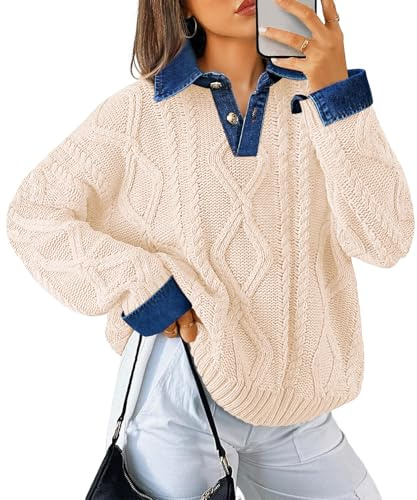 Soesdemo Oversized Sweaters for Women Cable Knit Chunky Polo Neck Button Up Long Sleeve Pullover Tunic Sweaters Beige M
