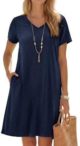 Enmain Vestido Lino Verano Mujer Manga Corta Escote Pico Azul Marino Vestidos Mujer Casual Midi Playa con Bolsillos hasta la Rodilla sin Accesorios 3XL