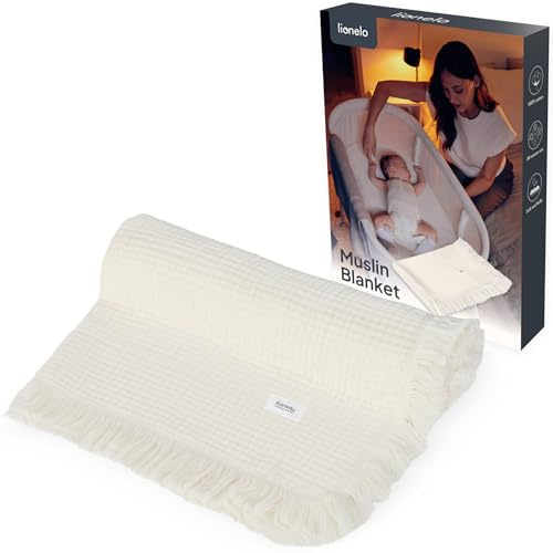 Lionelo Muslin Blanket Babyfilt med Fransar 70x100 cm, 6 Lager 100% Bomull | Supermjuk & Andningsbar Helårsfilt för Nyfödd, Barnvagn och Spjälsäng, Tvättbar 30 °C, Perfekt Present till Nyfödda