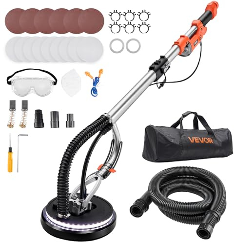 VEVOR Lijadora de Pared y Techo 1010 W, Lijadora Jirafa, 7 Velocidades 1000-2200 RPM, Plegable y Extensión 80-158 cm, LED, Manguera de Polvo, 15 Hojas de Papel de Lija, para Suelo Pared de Yeso Gotelé