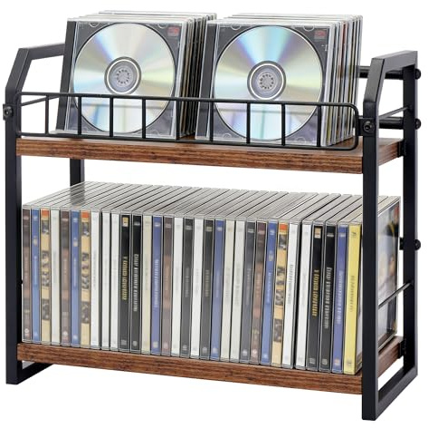 rloao 2-Tier CD Holder DVD Storage Rack, Rustic Wooden CD Storage Rack | Holds up to 60 Standard DVDs, Space Saving Desktop CD DVD Organizer for Home Office, Ideal for Movie Collectors Music Lovers