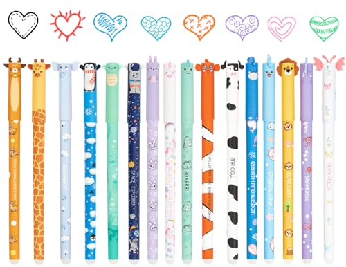 Lote de 16 bolígrafos de gel borrables, bolígrafos de bola borrables con motivos de animales, punta de 0,7 mm, bolígrafos de tinta de colores, perfectos para regalar o para suministros escolares y de