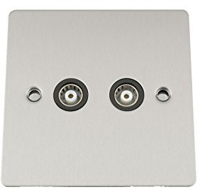 TV Coaxial Aerial Socket Double 2 Gang - Satin Matt Chrome Flat - Black Insert