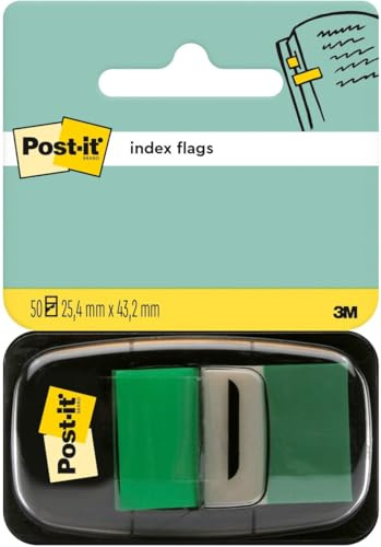 Post-it Index Flags, Medium, Green, 1 Dispenser 25.4 mm x 43.2 mm, 50 Flags - to Mark, Highlight or Color Code Important Information