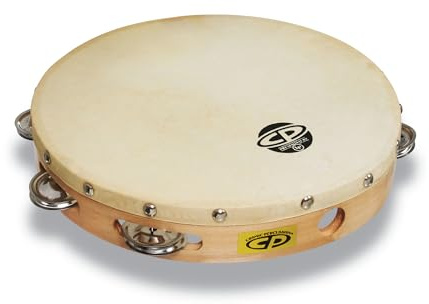 CP379 10 Wood Tambourine, Headed, Single Row Jingles