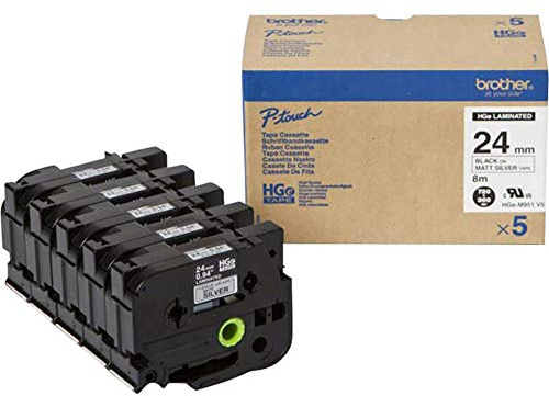 Brother Original Schriftband 5er Set Bandfarbe: Silber (matt) Schriftfarbe: Schwarz 24mm 8m HGEM951V5