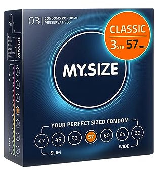 MY.SIZE Classic Condones talla 4 | Ancho 57 mm | Paquete de prueba 3 unidades | Preservativos premium extra delgados | Ultra sensibles y delicados | Grosor 0,07 mm | Veganos