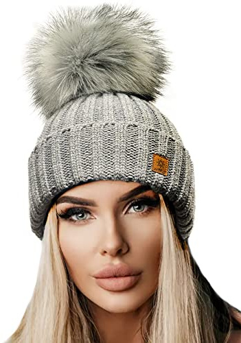 4sodl Winter capc for Women UK Ladies Warm Chunky Rita Hats Cable Knit Beanie Hat with Faux Fur Pom Pom Bobble Made in EU Cap Slouchy Winter Hats for Women Gray