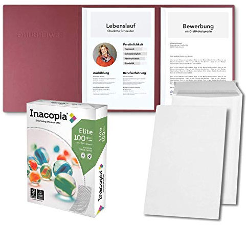 Bewerbungsset // 10 Stück 3-teilige Bewerbungsmappen Bordeaux + 250 Blatt 100 g/m² Premium Bewerbungspapier + 10 Stück B4 Versandtaschen in Weiß - Das ultimative Bewerbungsmappen-Bundle - All inkl.