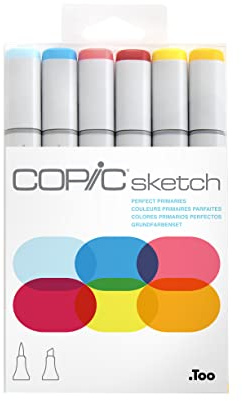 Copic Sketch, Alcohol Markers, 6 Colors Dual Brush Tip Art Marker for Adults, Blendable Sketch Markers for Coloring Drawing & Illustration Art - Perfect Primaries