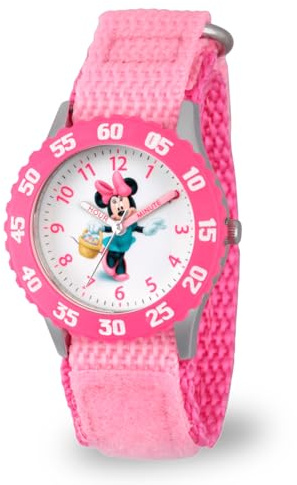 Disney By Ewatchfactory Kids Minnie Mouse Quartz Watch with White Dial Time Teacher Display and Pink Nylon Strap W000024