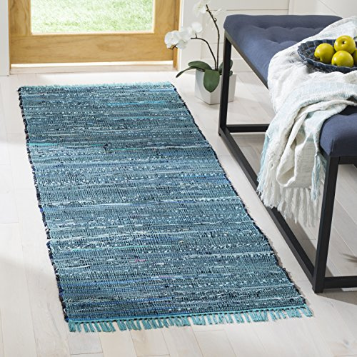 SAFAVIEH Rag Rug Collection Runner Rug - 2'3 x 7', Blue & Multi, Handmade Boho Stripe Cotton, Ideal for High Traffic Areas in Living Room, Bedroom (RAR121B)