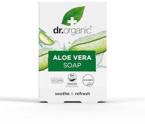 Dr Organic Aloe Vera Soap Bar, Soothing, Mens, Womens, All Skin Types, Natural, Vegan, Cruelty-Free, Paraben & SLS-Free, Recycled & Recyclable, Organic, 100g, Packaging may vary