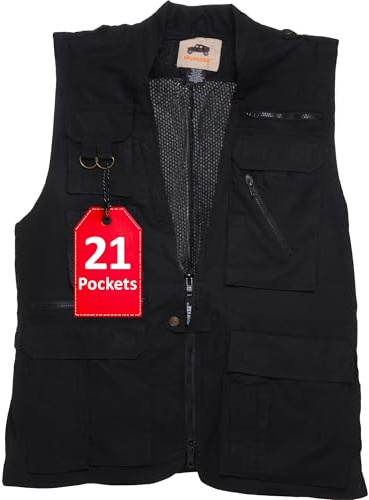 Humvee Photography Utility Vest with 21 Pockets - Perfect for Travel, Safari, Hunting, Camping & More. Shell: Poly& Cotton, Lining 100% Cotton, Pocket 100% Poly, Comfortable & Sturdy | Fishing Vest for Men & Women - Great Gift -Black