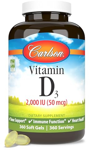 Carlson - Vitamin D3, 2000 IU (50 mcg), Bone & Immune Health, Vitamin D Supplements, Cholecalciferol Supplement, Gluten Free Vitamin D Capsules, 360 Softgels