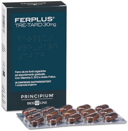 BIOS LINE Principium FerPlus Tre-Tard, Integratore Alimentare in Compresse Gastroresistenti a Rilascio Graduale, Alto Dosaggio di Ferro, 30 Cpr